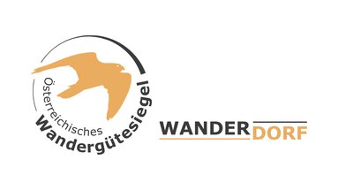 Logo of the Austrian Hiking Seal of Quality – Hiking Village, with a stylised orange bird and lettering. | © Österreichs Wanderdörfer