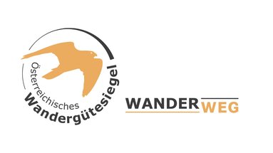 Logo of the Austrian Hiking Seal of Quality – Hiking Trail, with a stylised orange bird and lettering. | © Österreichs Wanderdörfer