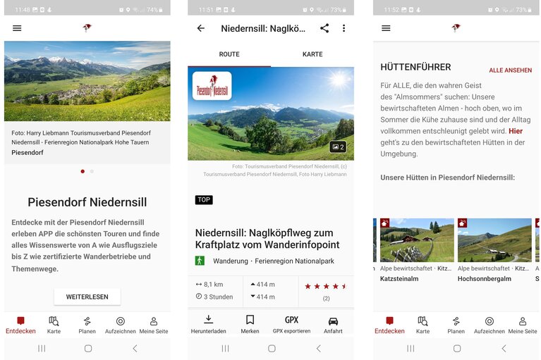 Drei Ansichten der Piesendorf Niedernsill App mit Startseite, Wanderroute zum Naglköpfl und Hüttenführer. | © TVB Piesendorf Niedernsill