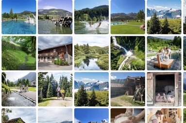 Collage showing swimming lakes, mountain scenery, waterfalls, hikers, cyclists and other leisure activities. | © TVB Piesendorf Niedernsill