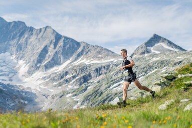 Trail runner crosses a grassy mountain slope in front of rugged peaks with snow and ice. | © SalzburgerLand Tourismus, Foto Harald Wisthaler