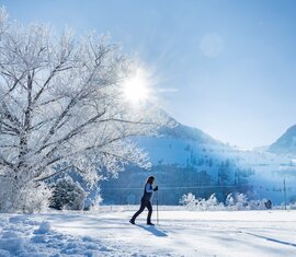Person cross-country skiing with snowy hills and mountains in the background, beside frost-covered trees. | © Lichtfarben