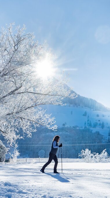 Person cross-country skiing with snowy hills and mountains in the background, beside frost-covered trees. | © Lichtfarben