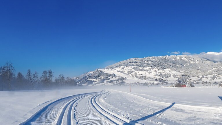 Groomed cross-country ski trail through snowy fields, with a village and forested mountain slopes in the background. | © TVB Piesendorf Niedernsill, Foto Lichtfarben
