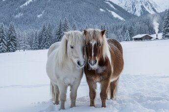 Two ponies stand close together in the snow, with a snow-covered mountain forest behind them. | © Gemini generated Image