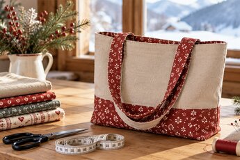 Hand-sewn fabric bag beside fabrics, scissors, measuring tape and sewing supplies on a wooden table with snowy mountains behind. | © KI-generiert