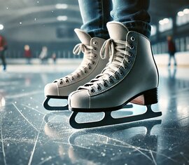 White ice skates on an indoor rink, with other people skating in the background. | © Created with AI image generator by OpenAI 