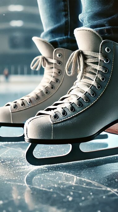 Weiße Schlittschuhe auf der Eisfläche einer Eishalle, im Hintergrund weitere Personen beim Eislaufen. | © Erstellt mit Ki-Bildgenerator von OpenAI 