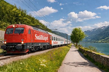 Snälltåget train travelling along a lakeside railway through a summer mountain landscape. | © KI-generiertes Bild