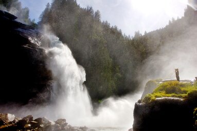 Person looking at the Krimml Waterfalls, surrounded by rocks, forest and rising spray. | © Österreichischer Alpenverein Sektion Warnsdorf-Krimml