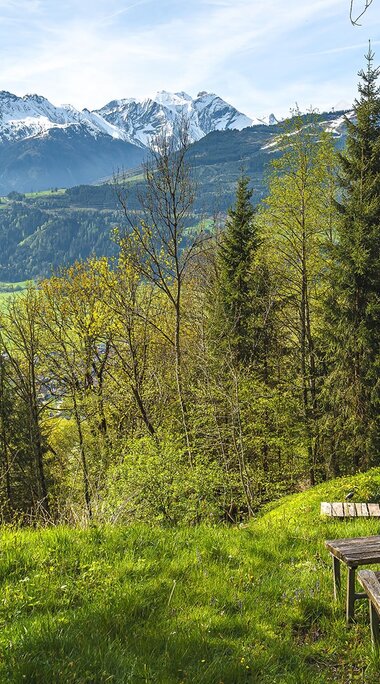 Zwei Holzliegen an einem kleinen Teich mit Blick über das Tal auf die Bergwelt bei Piesendorf Niedernsill. | © TVB Piesendorf Niedernsill, Foto Brcina Photography