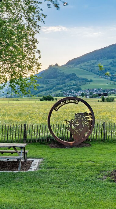 Isonta photo point with a bench by a meadow, overlooking Piesendorf-Niedernsill and the surrounding mountain slopes. | © TVB Piesendorf Niedernsill, Foto Lichtfarben