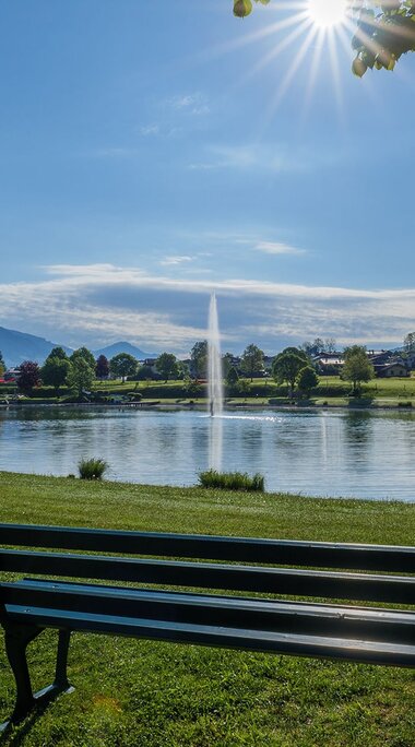 Lake with a fountain and bench, surrounded by meadows, trees and wooded mountain slopes. | © TVB Piesendorf Niedernsill, Foto Brcina Photography