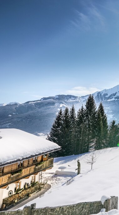 Verschneite Landschaft in Piesendorf mit Holzhaus, Wiesen und umliegenden Bergen unter blauem Himmel. | © TVB Piesendorf Niedernsill, Foto Harry Liebmann