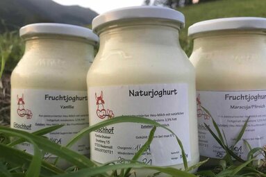 Three yoghurt jars from Gitschhof in Niedernsill: natural yoghurt and vanilla and passion fruit-peach fruit yoghurt. | © Gitschof Niedernsill