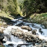 Mountain stream flowing over rocks and stones through a wooded slope in a sunlit mountain landscape. | © TVB Piesendorf Niedernsill, Foto Harry Liebmann 