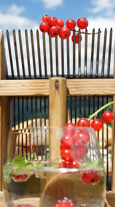 Red currants on a wooden berry comb, with a glass of berries in front and mountains in the background. | © TVB Piesendorf Niedernsill, Foto Harry Liebmann 