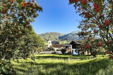 Church in Walchen with its steeple, surrounded by meadows and rowan trees with red berries, with forested mountain slopes behind. | © TVB Piesendorf Niedernsill, Foto Harry Liebmann 