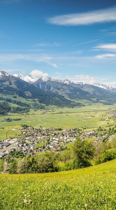Blick über Piesendorf und das grüne Salzachtal auf bewaldete Berghänge und schneebedeckte Gipfel. | © TVB Piesendorf Niedernsill, Foto Harry Liebmann 