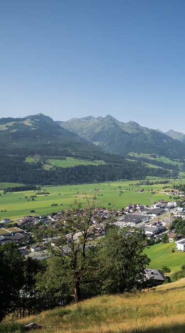 View of Piesendorf with a church and houses in a green valley. A meadow in the foreground, with wooded mountain slopes and peaks behind. | © TVB Piesendorf Niedernsill, Fotograf Chris Eder