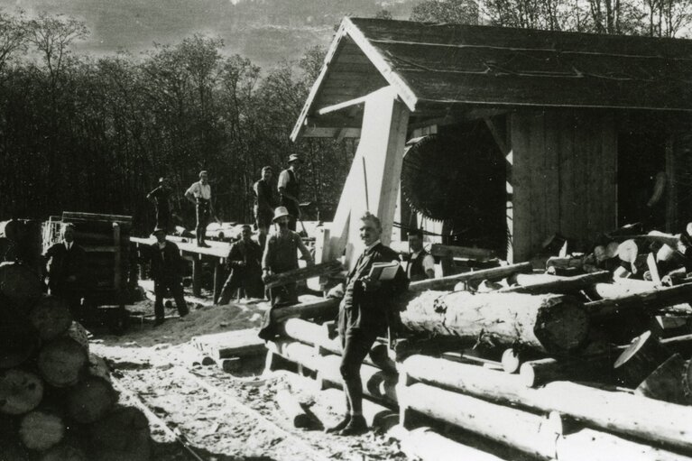 Historische Aufnahme der Holzverarbeitung mit mehreren Arbeitern, Baumstämmen und einem überdachten Arbeitsbereich. | © TVB Piesendorf Niedernsill