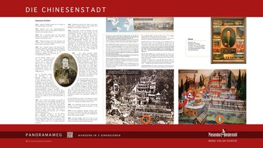 Infotafel „Die Chinesenstadt“ über Sebastian Perfeller mit Biografie, historischen Bildern, Reiserouten und Modell der Anlage. | © TVB Piesendorf Niedernsill