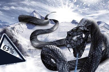 Graphic snake against snowy mountains at Kitzsteinhorn, next to a symbol indicating “up to 63%”. | © Kitzsteinhorn