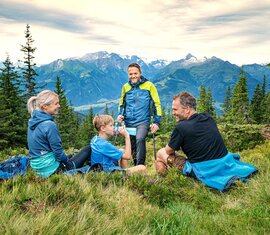 Hiking group resting on an alpine meadow with mountain views near Piesendorf and Niedernsill. | © TVB Piesendorf Niedernsill, Foto Harry Liebmann 