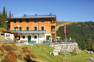 Pinzgauer Hütte mit Terrasse und Spielbereich an einem Berghang, umgeben von Wiesen und Wald. | © TVB Piesendorf Niedernsill, Foto Harry Liebmann