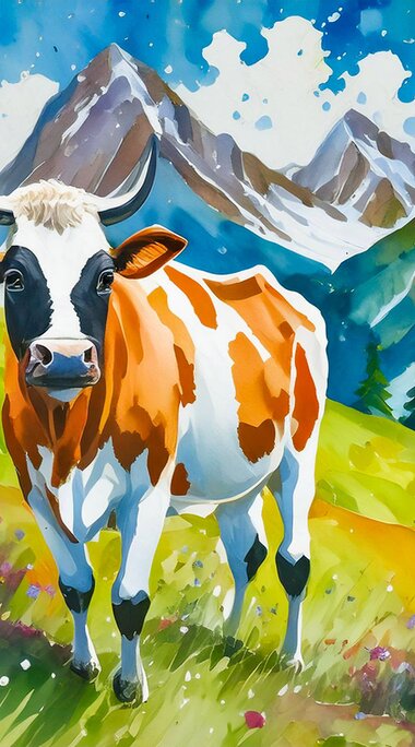 Illustration of a cow, hiker and two mountain bikers with signs reading “Respect”, “Together” and “Consideration”. | © TVB Piesendorf Niedernsill, Foto Lichtfarben KI