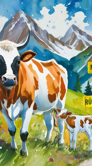 Illustration of a cow, calf and hikers in the mountains with signs reading “Respect”, “Togetherness” and “Consideration”. | © TVB Piesendorf Niedernsill, Foto Lichtfarben KI