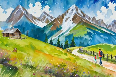 llustration of an alpine pasture with a mountain hut, hiking trail and two people in front of high mountains. | © TVB Piesendorf Niedernsill, Lichtfarben KI 