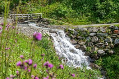 Stream with a small waterfall and wooden bridge among rocks and green vegetation in Piesendorf-Niedernsill. | © TVB Piesendorf Niedernsill, Foto Brcina Photography