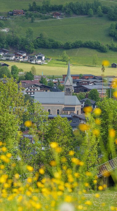 Blick über eine Wiese mit gelben Blumen auf den Ort mit Kirche, umgeben von grünen Wiesen und bewaldeten Hängen. | © Brcina Photography
