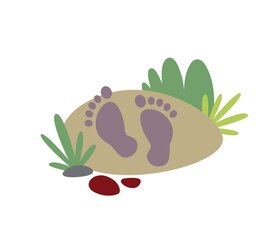 Illustration mit Fußabdrücken auf hellem Boden und Pflanzen für das Spiel „Barfußgehen“ am Weg Spielend Wandern. | © Österreichs Wanderdörfer