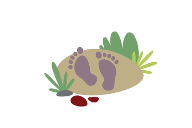 Illustration mit Fußabdrücken auf hellem Boden und Pflanzen für das Spiel „Barfußgehen“ am Weg Spielend Wandern. | © Österreichs Wanderdörfer
