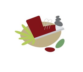 Illustration mit rotem Schuh, Pflanzen und Steinen für das Balancierspiel „Versteinern“ am Weg Spielend Wandern. | © Österreichs Wanderdörfer
