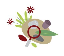 Illustration mit Lupe, Steinen und Blättern für das Suchspiel „Finde etwas Glattes“ am Weg Spielend Wandern. | © Österreichs Wanderdörfer