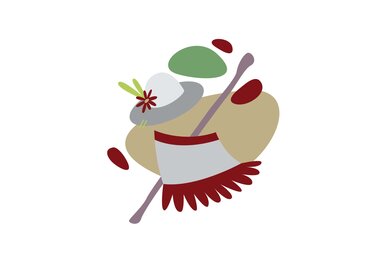 Illustration with a hat, stick and traditional-style garment for a movement game on the Spielend Wandern trail. | © Österreichs Wanderdörfer