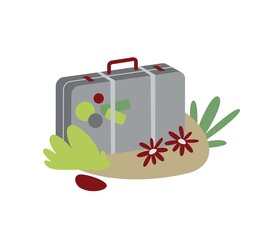Illustration eines grauen Koffers mit Blumen und Pflanzen für das Spiel „Ich packe meinen Koffer“. | © Österreichs Wanderdörfer