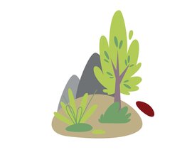 Illustration mit Baum, Pflanzen und Felsen für das Spiel „Wiese – Wald – Berg“ am Weg Spielend Wandern. | © Österreichs Wanderdörfer