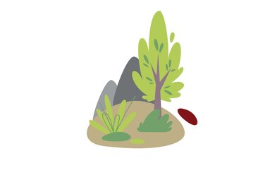 Illustration with a tree, plants and rocks for the “Meadow – Forest – Mountain” game on the Spielend Wandern trail. | © Österreichs Wanderdörfer