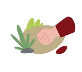 Illustration einer geschlossenen Hand über einem Stein im Gras für das Ratespiel „Welche Hand?“ am Weg Spielend Wandern. | © Österreichs Wanderdörfer