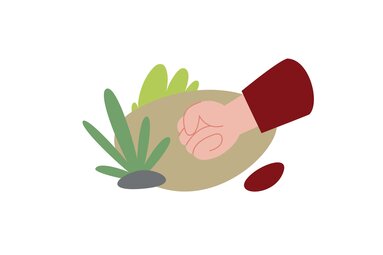 Illustration einer geschlossenen Hand über einem Stein im Gras für das Ratespiel „Welche Hand?“ am Weg Spielend Wandern. | © Österreichs Wanderdörfer