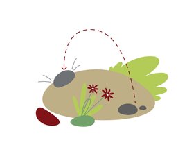 Illustration mit mehreren Steinen, Pflanzen und einer gestrichelten Wurfbahn für das Spiel „Wurf-Lauf“ am Weg Spielend Wandern. | © Österreichs Wanderdörfer