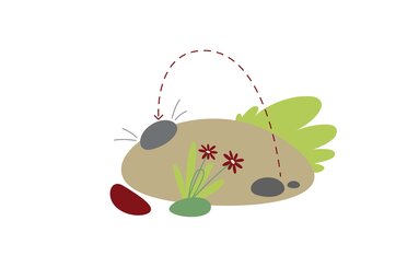 Illustration with several stones, plants and a dotted throwing path for the “Throw and Run” game on the Spielend Wandern trail. | © Österreichs Wanderdörfer