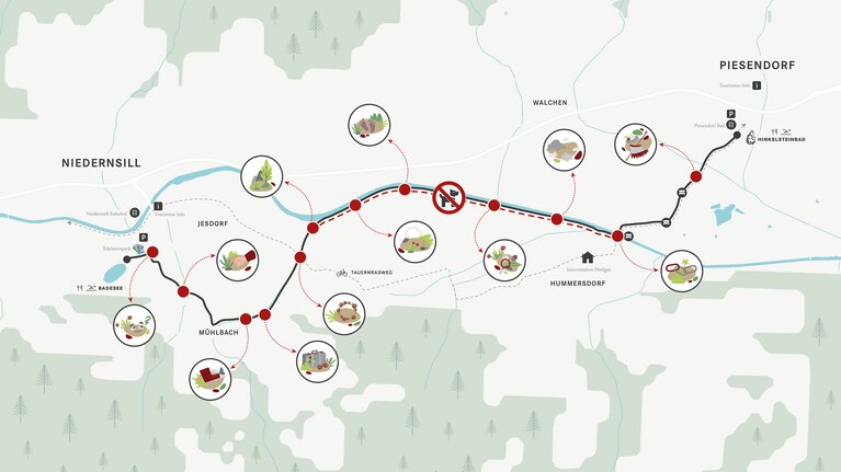 Übersichtskarte des Spielend-wandern-Wegs zwischen Niedernsill und Piesendorf mit eingezeichnetem Routenverlauf und Stationen. | © TVB Piesendorf Niedernsill, Österreichs Wanderdörfer 