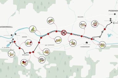 Overview map of the Spielend Wandern trail between Niedernsill and Piesendorf, showing the route and its activity stations. | © TVB Piesendorf Niedernsill, Österreichs Wanderdörfer 