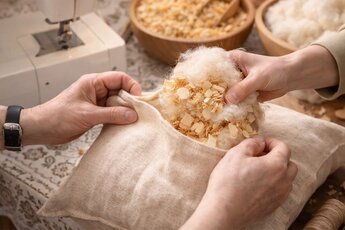 Hands fill a Swiss pine pillow with pine shavings and stuffing; a sewing machine is visible in the background. | © KI generated Picture